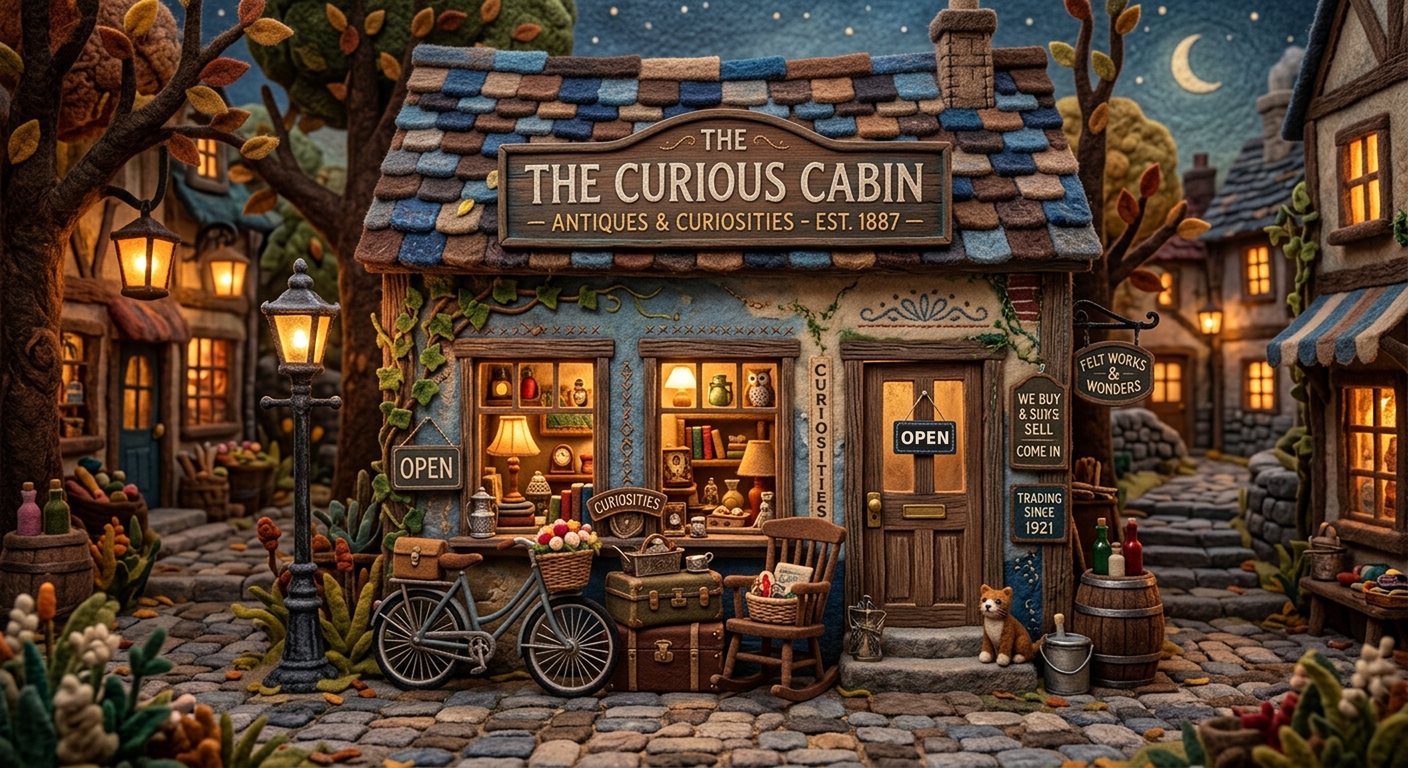 The Curious Cabin, a felt antique shop on a cobblestone street at night